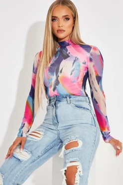 Rebellious Fashion Mutli Abstract Print High Neck Bodysuit - Verity