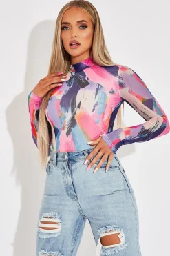 Rebellious Fashion Mutli Abstract Print High Neck Bodysuit - Verity