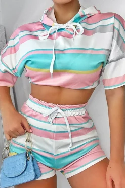 Rebellious Fashion Mutli Pastel Stripe Hoodie Shorts Loungewear Co-ord - Kamaria