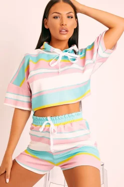 Rebellious Fashion Mutli Pastel Stripe Hoodie Shorts Loungewear Co-ord - Kamaria