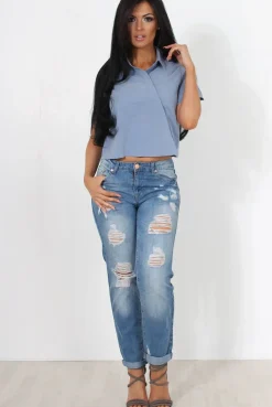 Rebellious Fashion Narz Blue Cropped Button Up Shirt