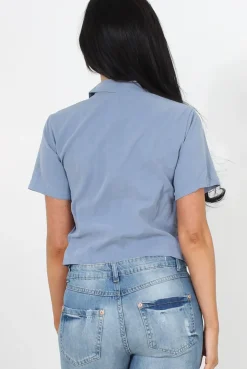 Rebellious Fashion Narz Blue Cropped Button Up Shirt