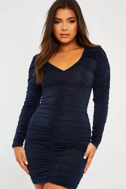 Rebellious Fashion Navy Blue Ruched Detail Slinky Mini Dress - Demmi