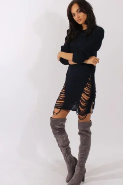 Rebellious Fashion Navy Distressed Jumper Dress - Kim
