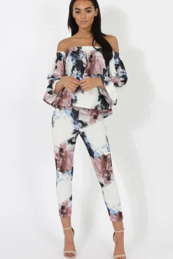 Rebellious Fashion Navy & Blush Floral off The Shoulder Co-ord- Lydia