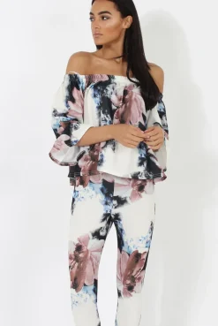 Rebellious Fashion Navy & Blush Floral off The Shoulder Co-ord- Lydia