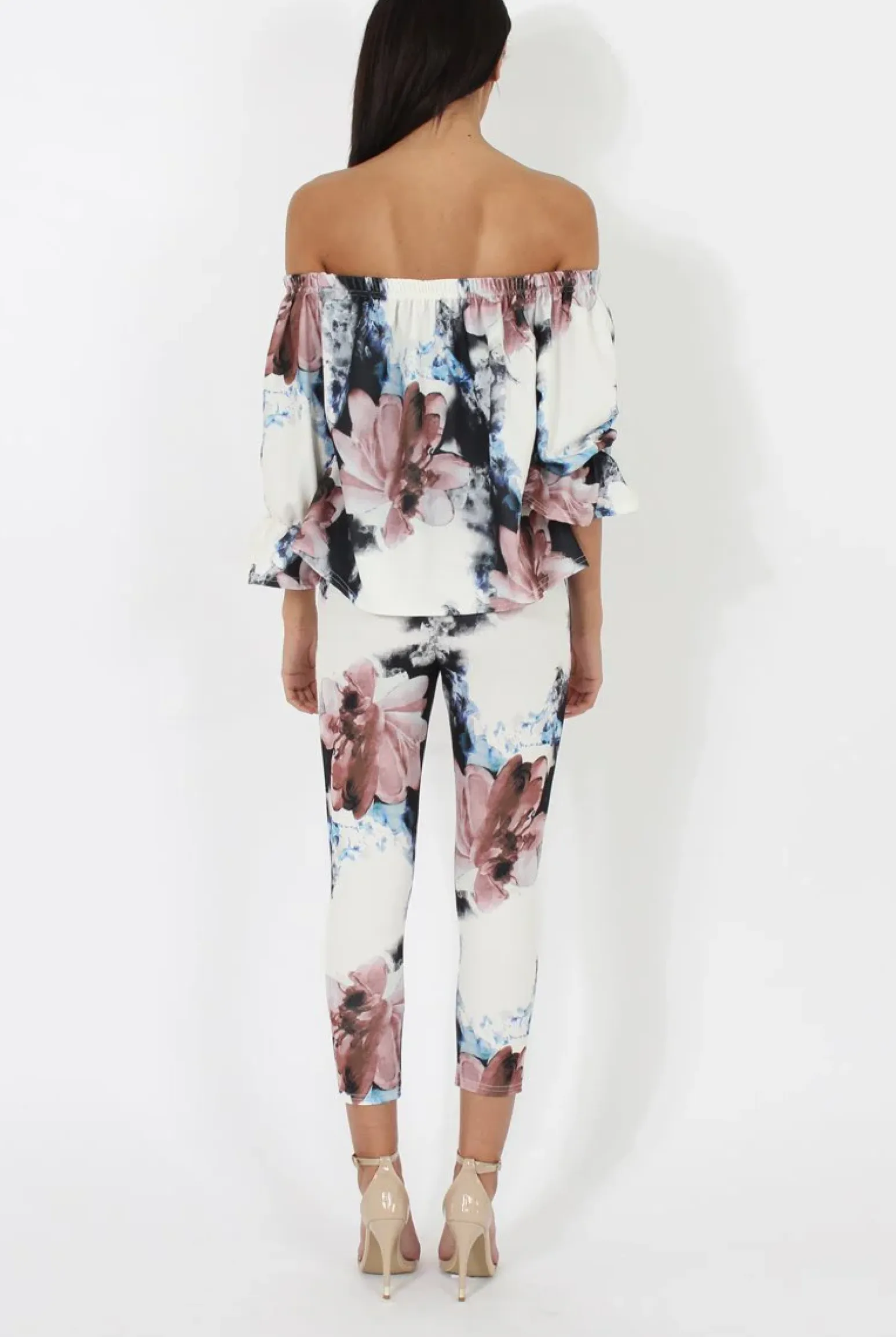 Rebellious Fashion Navy & Blush Floral off The Shoulder Co-ord- Lydia