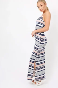 Rebellious Fashion Navy & Grey Striped Maxi Dress - Kiah