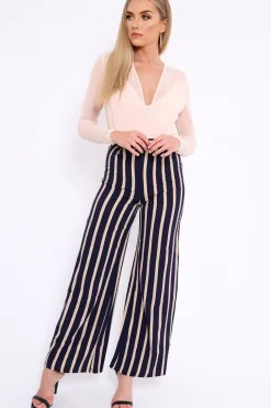 Rebellious Fashion Navy and Beige Striped High Waist Wide Leg Trousers - Clarabell