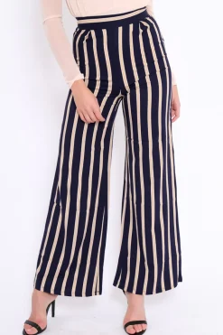 Rebellious Fashion Navy and Beige Striped High Waist Wide Leg Trousers - Clarabell