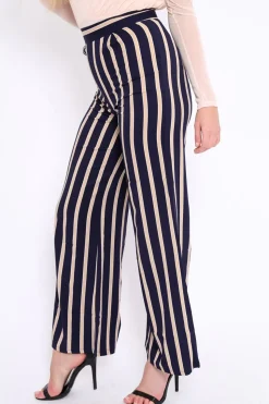 Rebellious Fashion Navy and Beige Striped High Waist Wide Leg Trousers - Clarabell