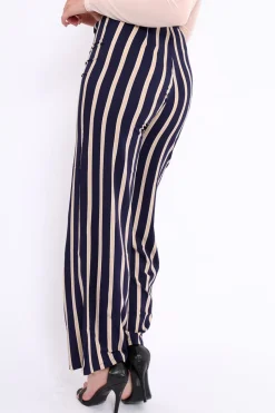 Rebellious Fashion Navy and Beige Striped High Waist Wide Leg Trousers - Clarabell