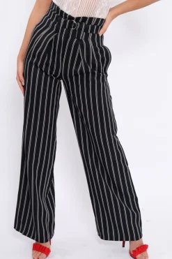 Rebellious Fashion Navy and Brown Striped Wide Leg Trousers - Nalia