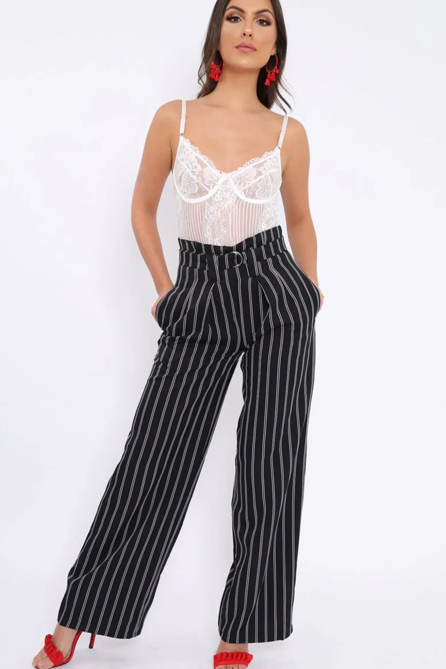 Rebellious Fashion Navy and Brown Striped Wide Leg Trousers - Nalia