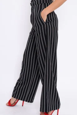 Rebellious Fashion Navy and Brown Striped Wide Leg Trousers - Nalia
