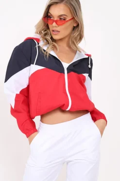 Rebellious Fashion Navy And Red Lightweight Hooded Zip Front Jacket - Brodi