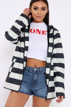 Rebellious Fashion Navy And White Stripe Hooded Rain Mac - Haru