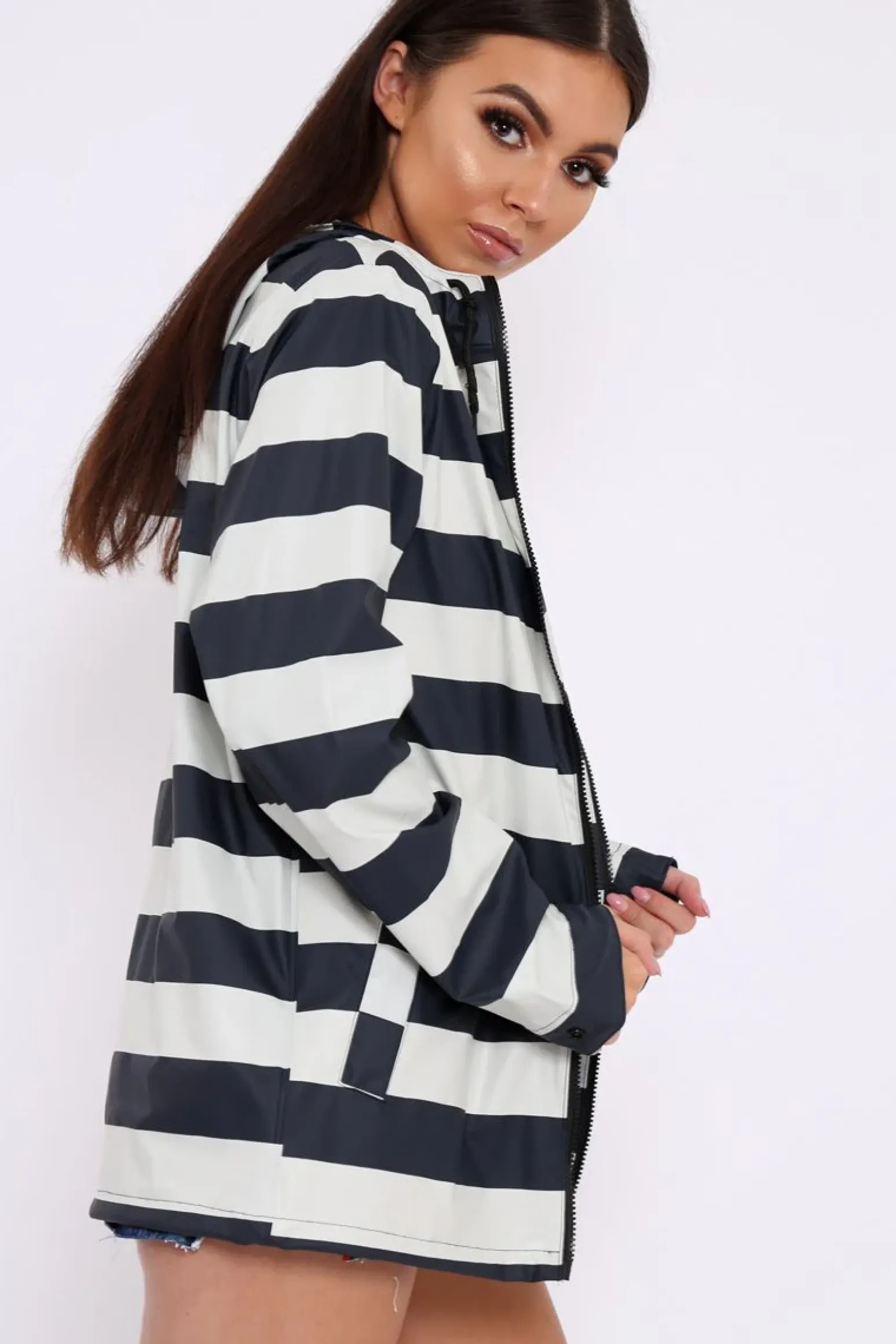 Rebellious Fashion Navy And White Stripe Hooded Rain Mac - Haru