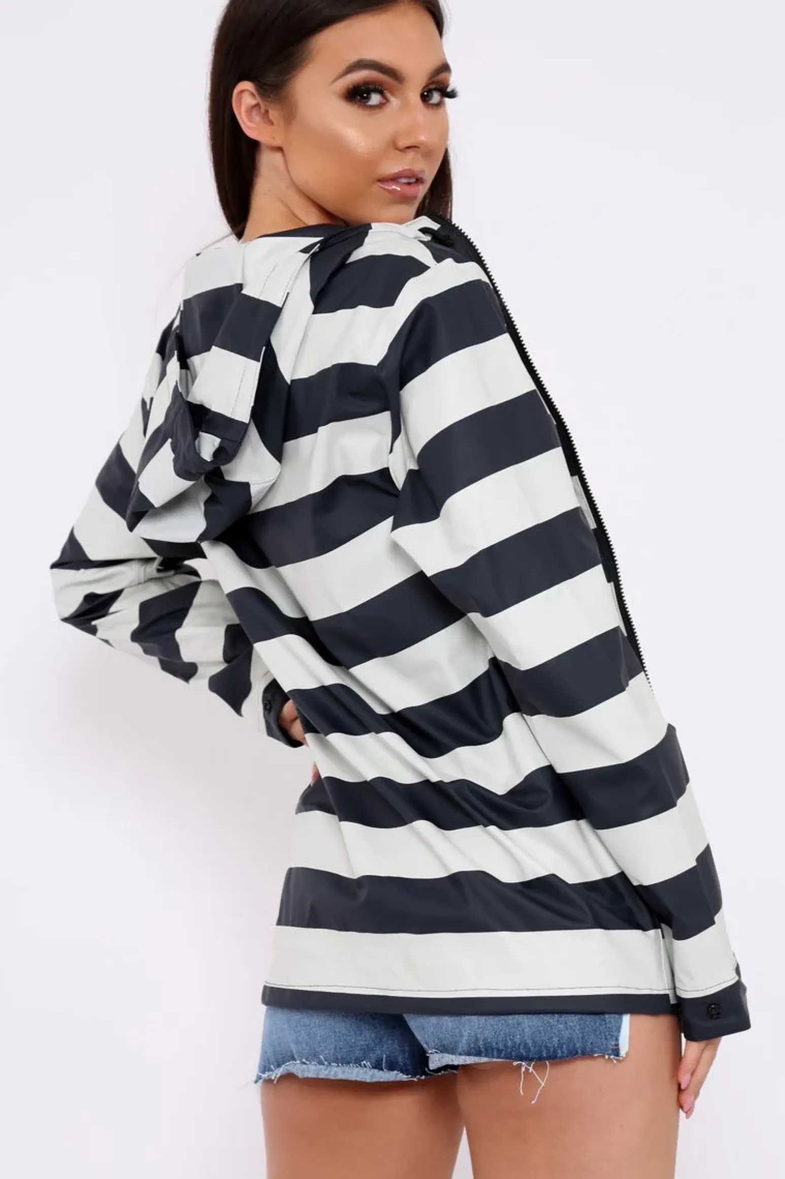 Rebellious Fashion Navy And White Stripe Hooded Rain Mac - Haru