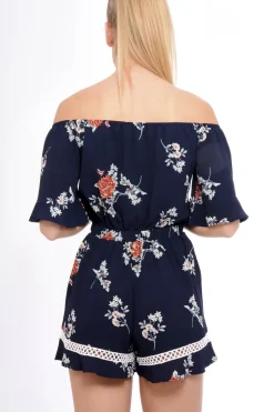 Rebellious Fashion Navy Bardot Floral Playsuit - Estee