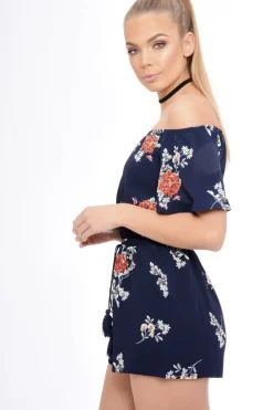 Rebellious Fashion Navy Bardot Floral Tassel Playsuit - Keren