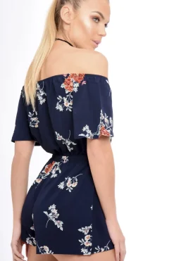 Rebellious Fashion Navy Bardot Floral Tassel Playsuit - Keren