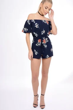 Rebellious Fashion Navy Bardot Floral Tassel Playsuit - Keren