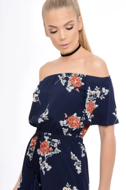 Rebellious Fashion Navy Bardot Floral Tassel Playsuit - Keren