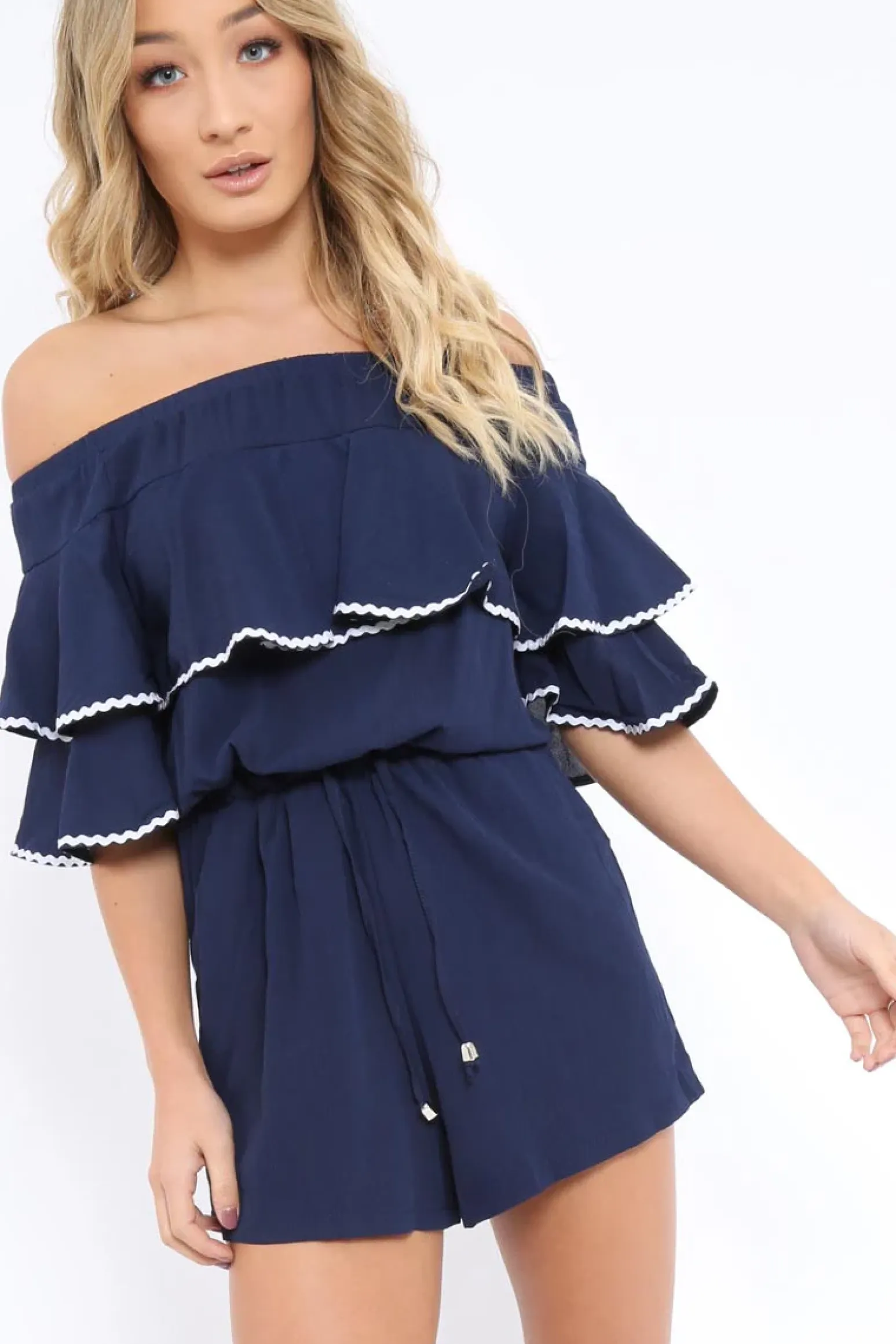 Rebellious Fashion Navy Bardot Frill Drawstring Tie Playsuit - Micah