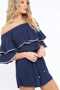 Rebellious Fashion Navy Bardot Frill Drawstring Tie Playsuit - Micah