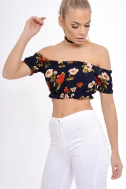 Rebellious Fashion Navy Bardot Gypsy Crop Top - Valentina