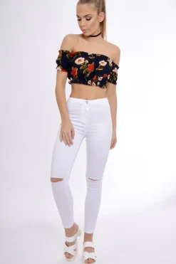 Rebellious Fashion Navy Bardot Gypsy Crop Top - Valentina