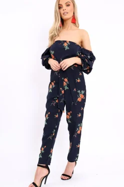 Rebellious Fashion Navy Bardot Open Back Jumpsuit - Serenity