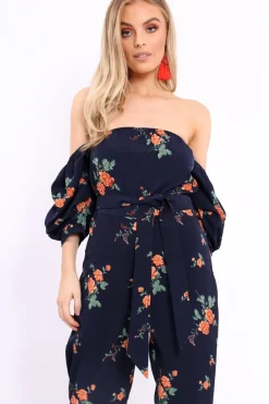 Rebellious Fashion Navy Bardot Open Back Jumpsuit - Serenity