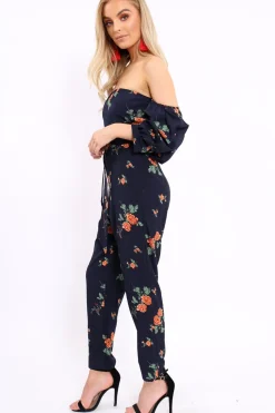 Rebellious Fashion Navy Bardot Open Back Jumpsuit - Serenity