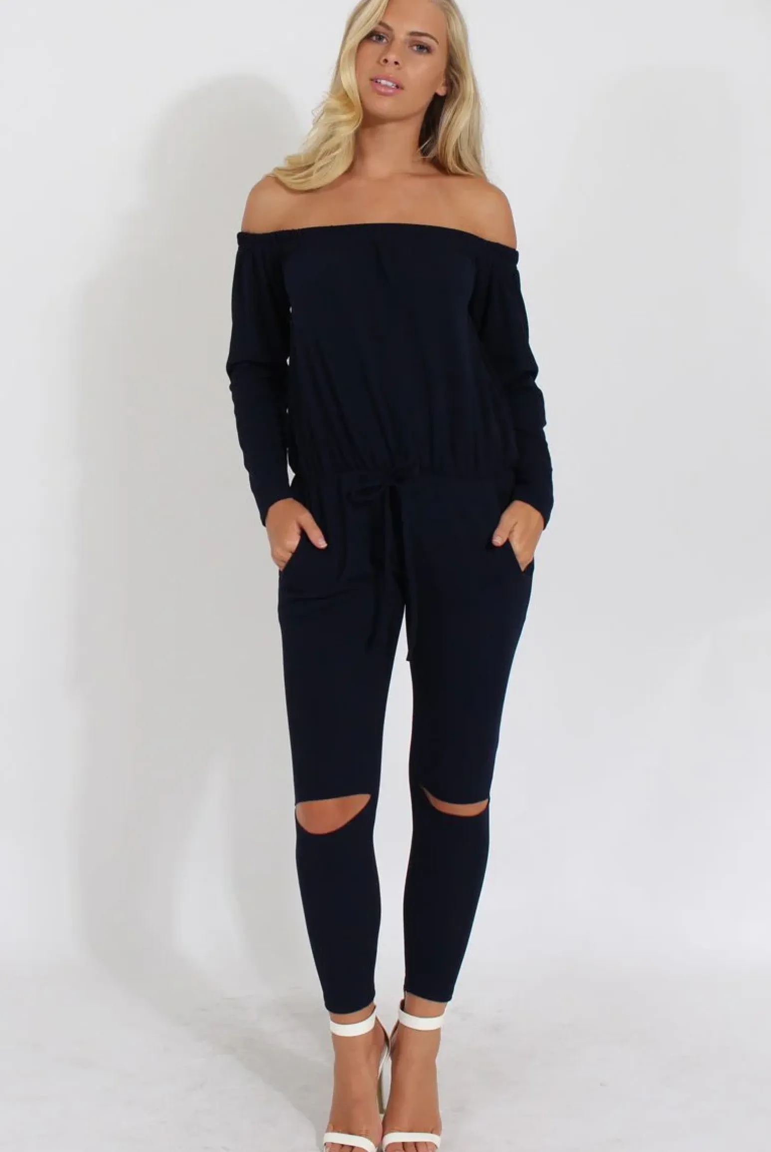 Rebellious Fashion Navy Bardot Ripped Knee Jumpsuit - Betty
