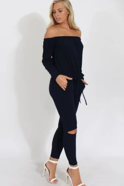 Rebellious Fashion Navy Bardot Ripped Knee Jumpsuit - Betty