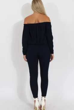 Rebellious Fashion Navy Bardot Ripped Knee Jumpsuit - Betty