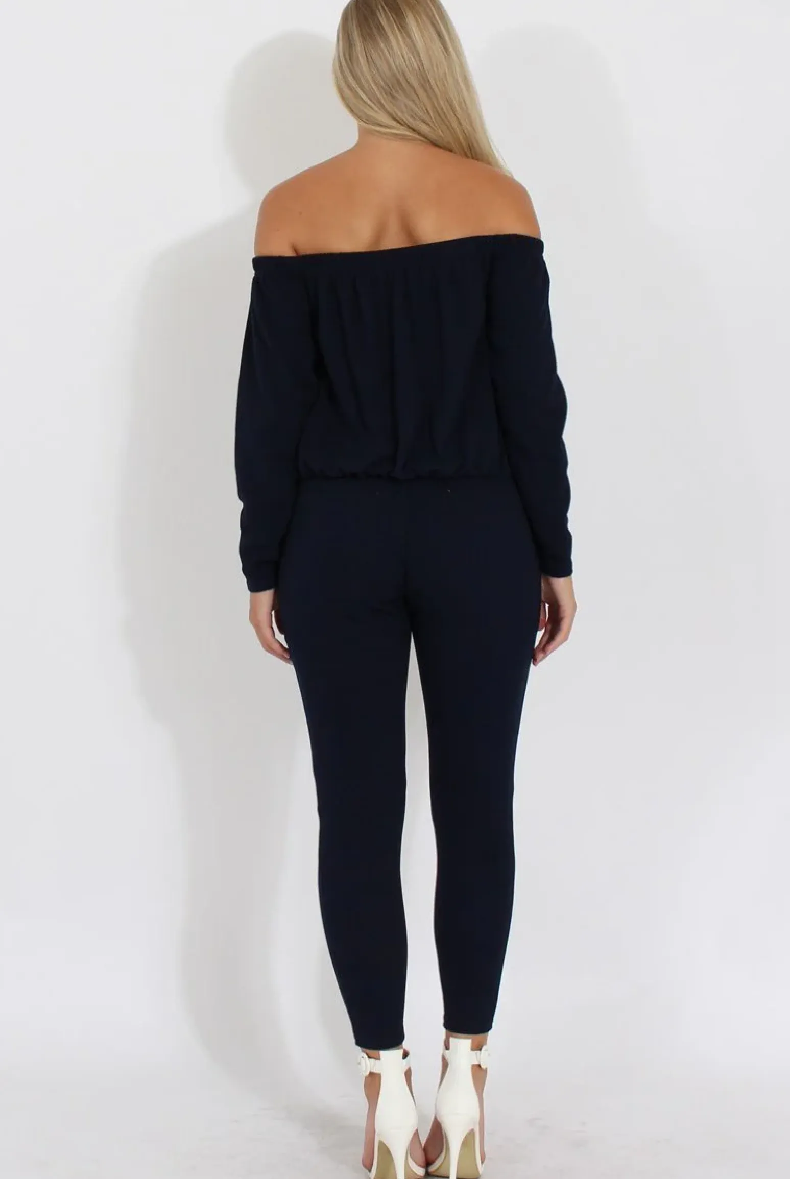 Rebellious Fashion Navy Bardot Ripped Knee Jumpsuit - Betty