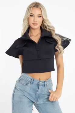 Rebellious Fashion Navy Blue Button Up Front Cropped Top - Cora