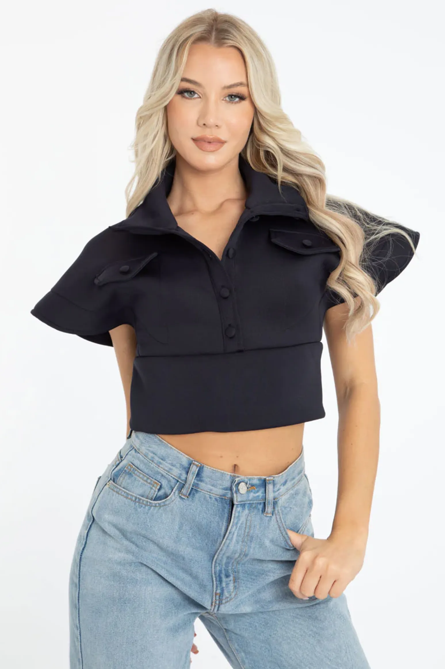 Rebellious Fashion Navy Blue Button Up Front Cropped Top - Cora