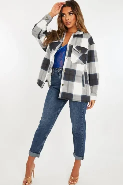 Rebellious Fashion Navy Blue Check Pocket Front Shacket - Misa