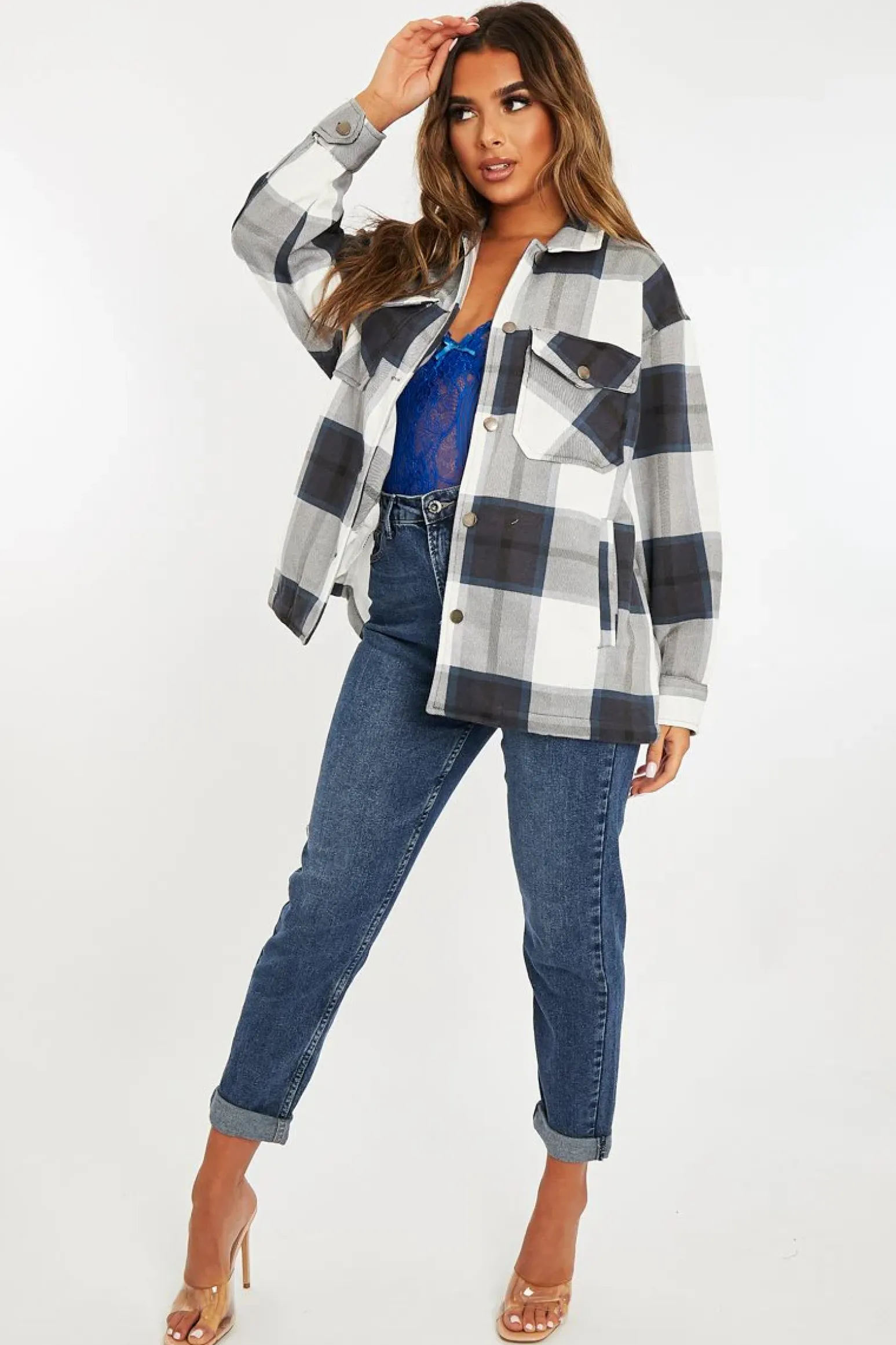 Rebellious Fashion Navy Blue Check Pocket Front Shacket - Misa