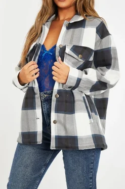Rebellious Fashion Navy Blue Check Pocket Front Shacket - Misa