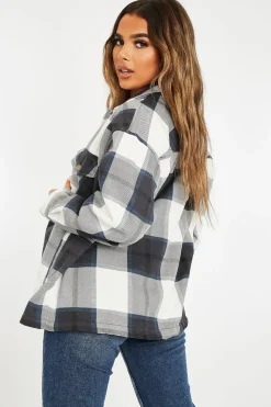 Rebellious Fashion Navy Blue Check Pocket Front Shacket - Misa