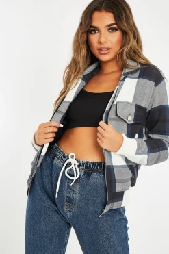 Rebellious Fashion Navy Blue Check Zip Front Bomber Jacket - Luna