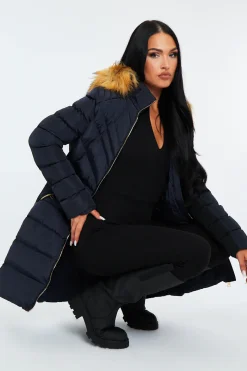 Rebellious Fashion Navy Blue Fur Hood Contrast Panel Puffer Coat - Chelsie