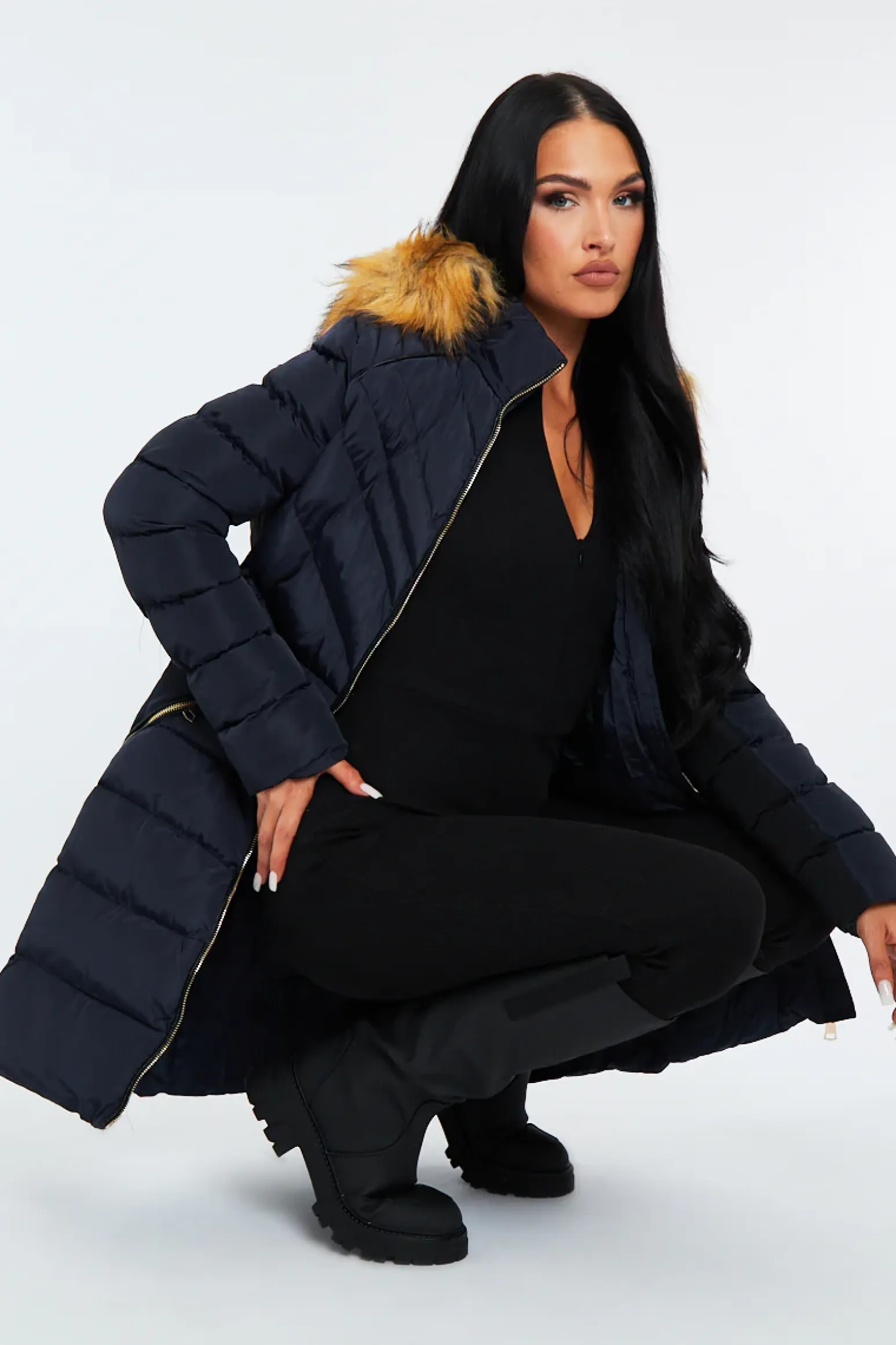 Rebellious Fashion Navy Blue Fur Hood Contrast Panel Puffer Coat - Chelsie