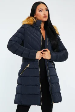 Rebellious Fashion Navy Blue Fur Hood Contrast Panel Puffer Coat - Chelsie