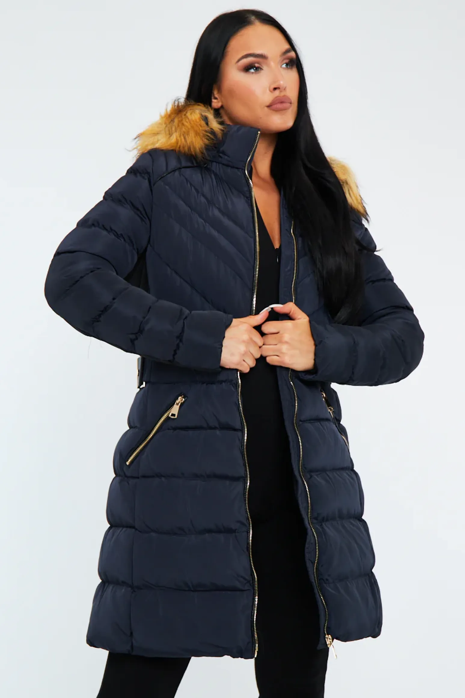 Rebellious Fashion Navy Blue Fur Hood Contrast Panel Puffer Coat - Chelsie